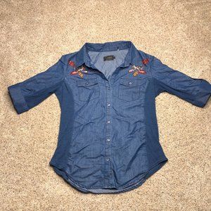 Cavalini Button Up Shirt Womens Large Denim Blue Floral Outdoors Casual